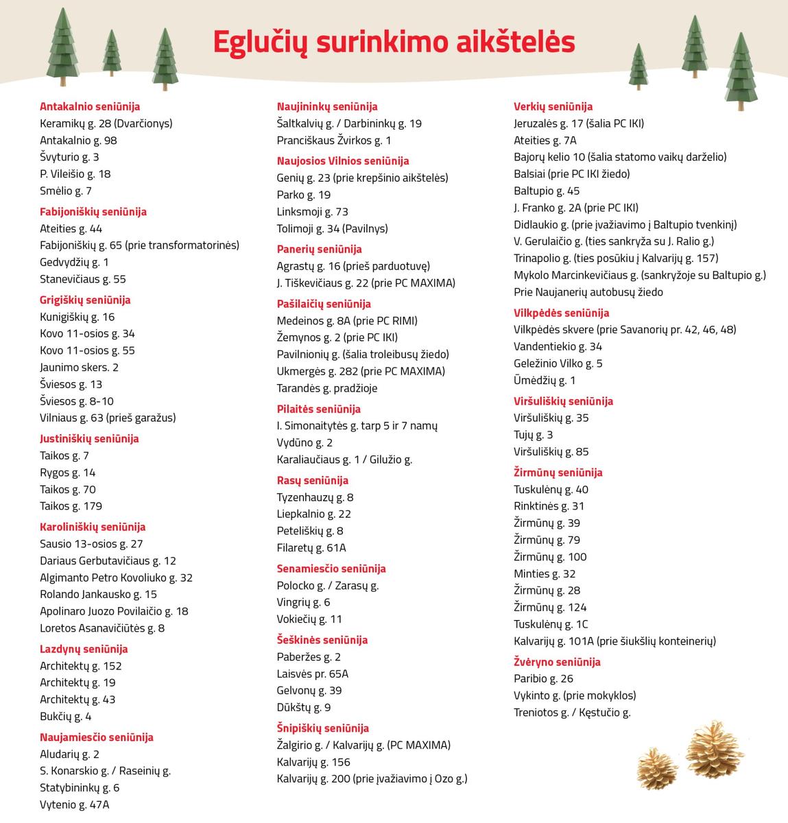 Список адресов пунктов сбора новогодних елок. Фото: самоуправление Вильнюса