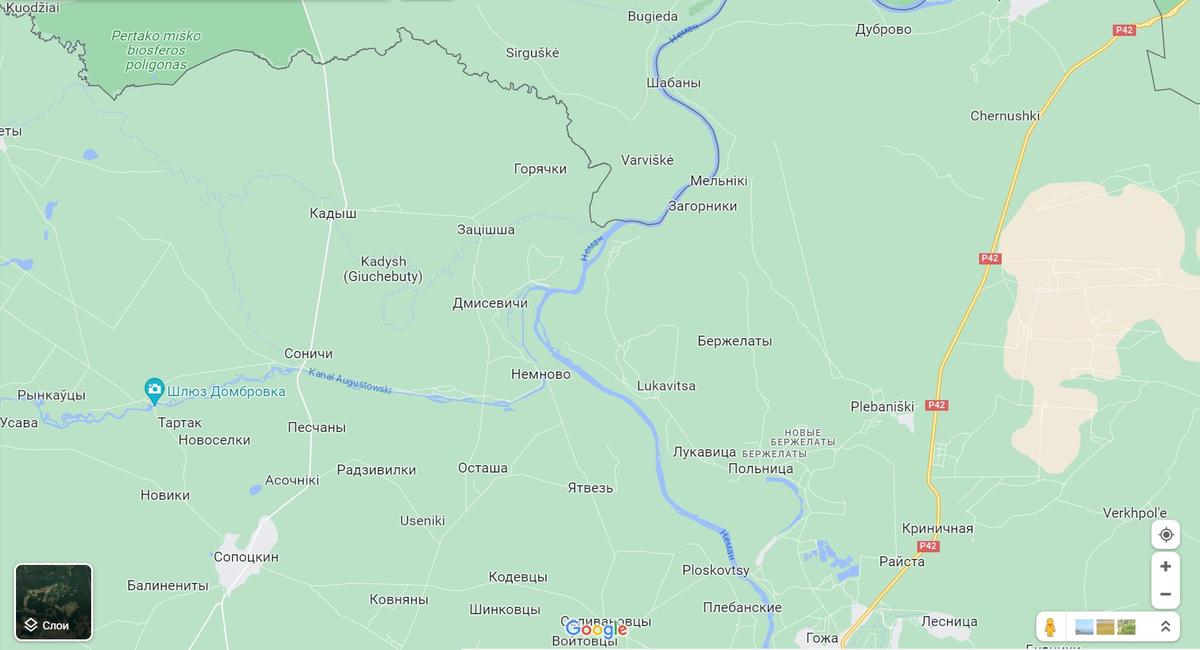 Мы приблизительно определили место, в котором Джасприт и его товарищи видели непогребенные тела его соотечественников. Здесь сходятся река Неман, перпендикулярная границе, Августовский канал и асфальтированная дорога — трасса А4 (в Литве) и продолжающая ее Р42 (в Беларуси).