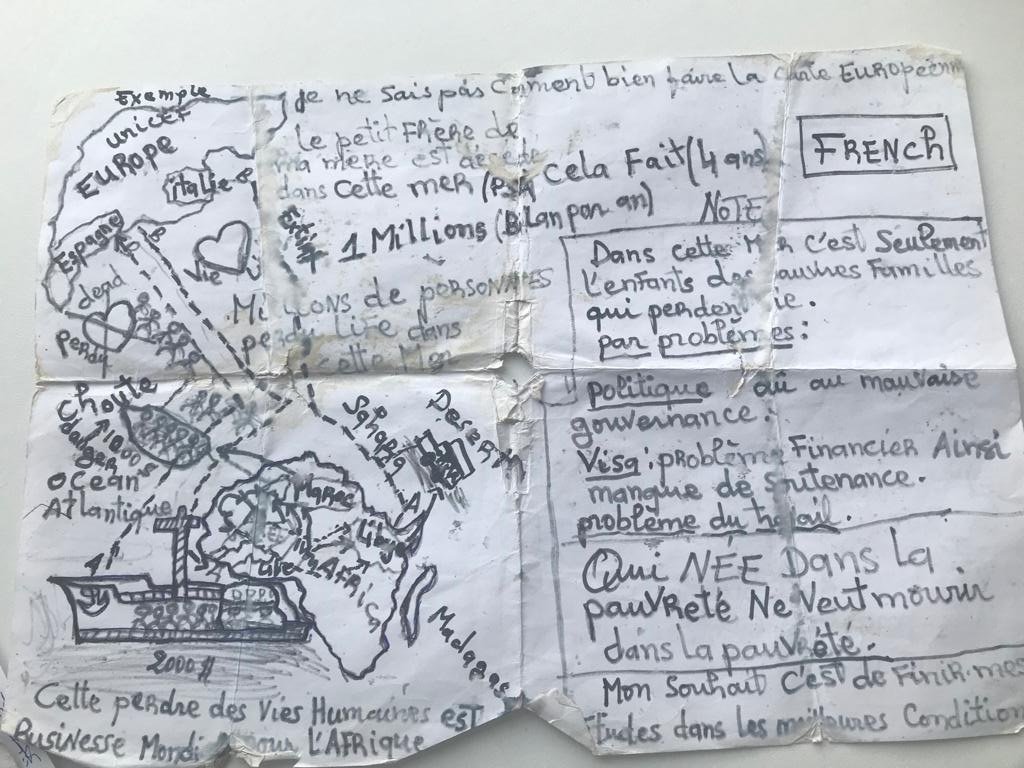 Схема путей международной миграции из Гвинеи. Сидья рисовал её, сидя у костра ночью, когда не спалось. Фото предоставлено респондентом.
