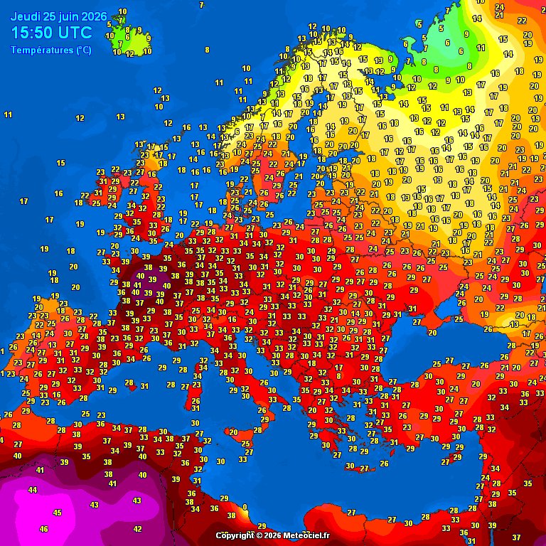 Фактическая температура воздуха в Европе 25 июня/meteociel.fr