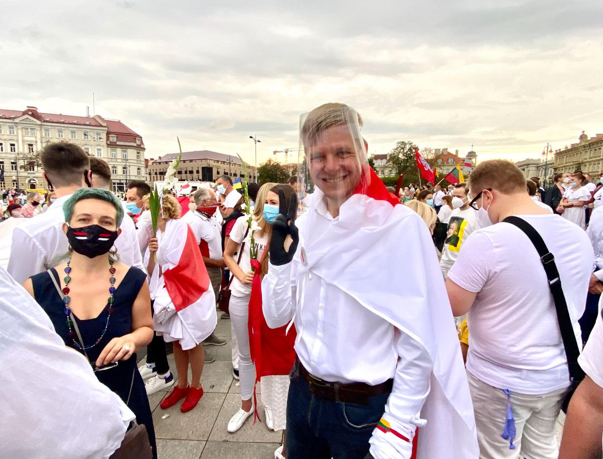 Ремигиюс Шимашюс на акции в поддержку протестующих белорусов в 2020 году. Фото: BNS