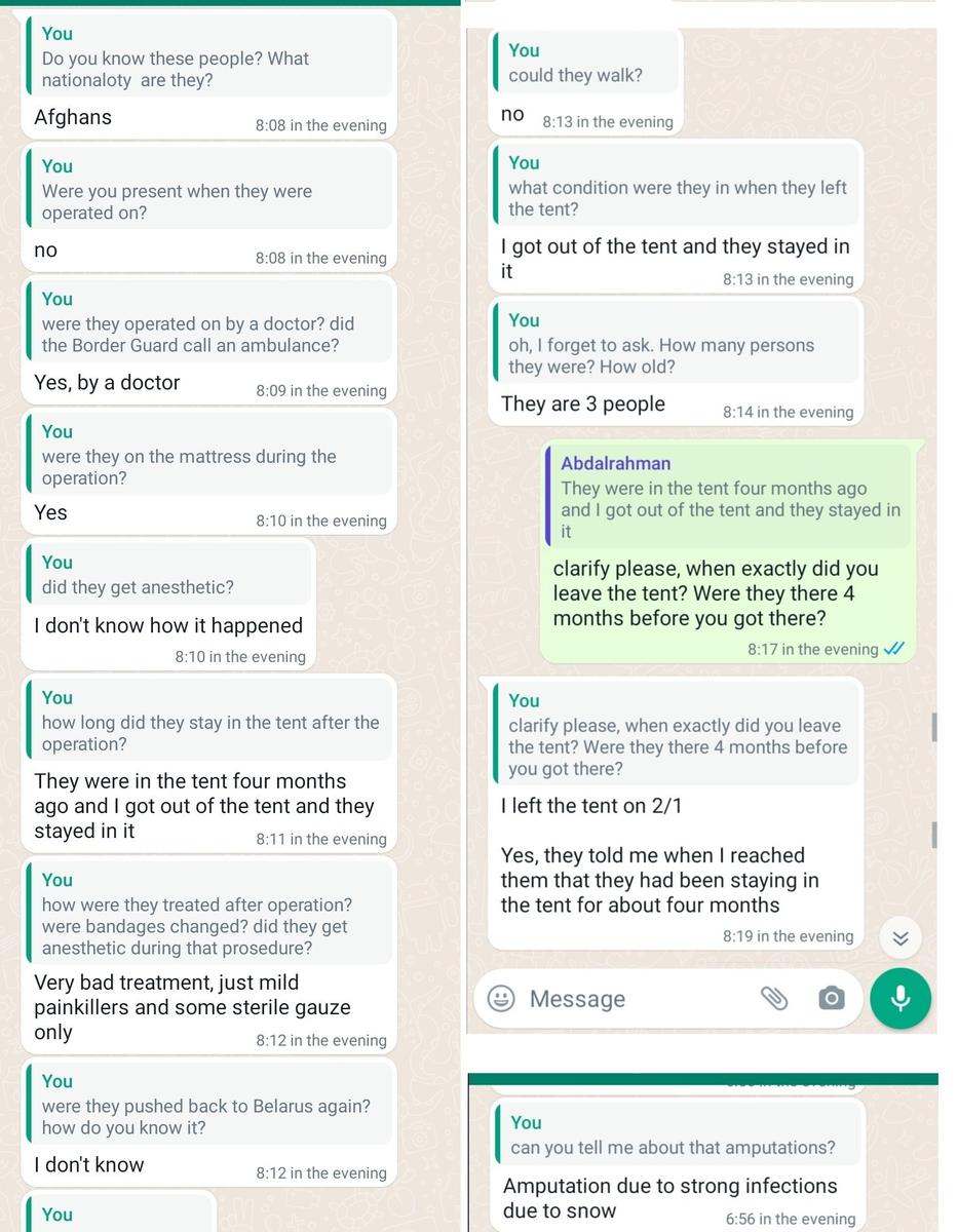 Скриншоты переписки с Абдалрахманом в WhatsApp о палатках и людях, переживших ампутацию в них